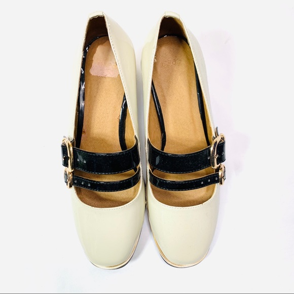 ASOS Maryjane Low Heel Shoes Cream Gold Black - Picture 3 of 8